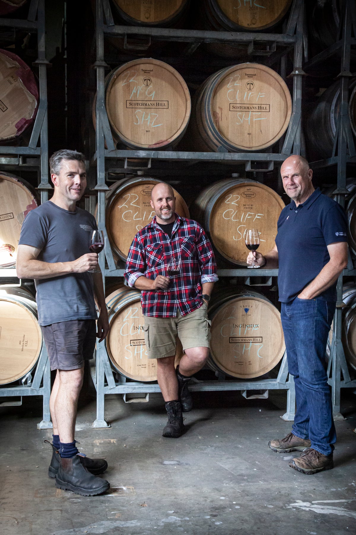 Scotchmans Hill winemakers in the barrel room