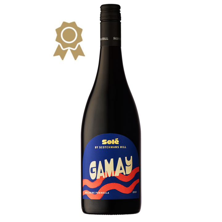 Bottle of 2023 Solé Gamay by Scotchmans Hill, premium Bellarine Peninsula red wine with deep blue and red Solé label, photographed on a clean white background.