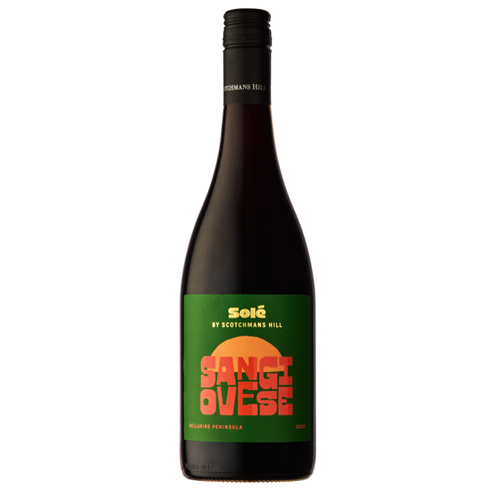 Bottle of 2023 Solé Sangiovese by Scotchmans Hill, Bellarine Peninsula red wine with bold green and red Solé label, photographed on a clean white background.