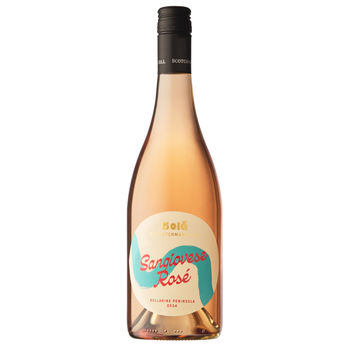 Bottle of 2024 Solé Sangiovese Rosé by Scotchmans Hill, premium Bellarine Peninsula rosé wine with pale pink colour, modern Solé label, and screw cap, photographed on a clean white background.