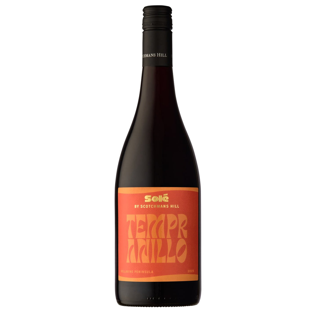 Bottle of 2025 Solé Tempranillo by Scotchmans Hill, with orange Solé label, photographed on a clean white background.