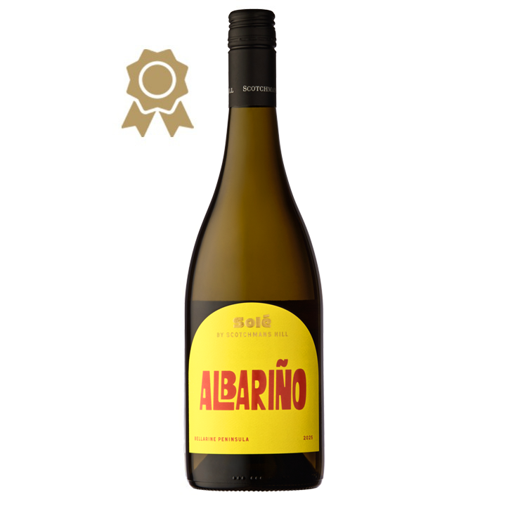 Bottle of 2025 Solé Albariño by Scotchmans Hill, vibrant Bellarine Peninsula white wine featuring a bright yellow Solé label, photographed on a clean white background.