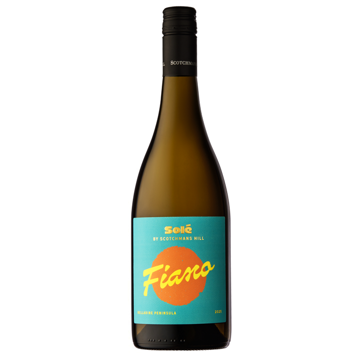 Bottle of 2025 Solé Fiano by Scotchmans Hill, premium Bellarine Peninsula white wine with teal and orange Solé label, photographed on a clean white background.