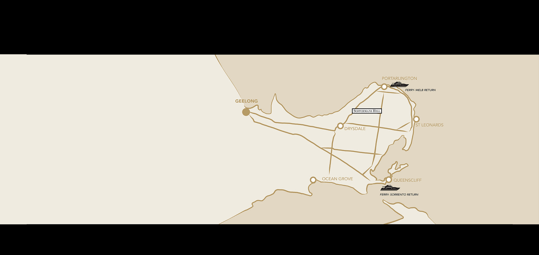 Map of Scotchmans Hill Winery on the Bellarine Peninsula showing Geelong, Portarlington ferry to Melbourne, Queenscliff ferry to Sorrento, Drysdale, Ocean Grove, and St Leonards.
