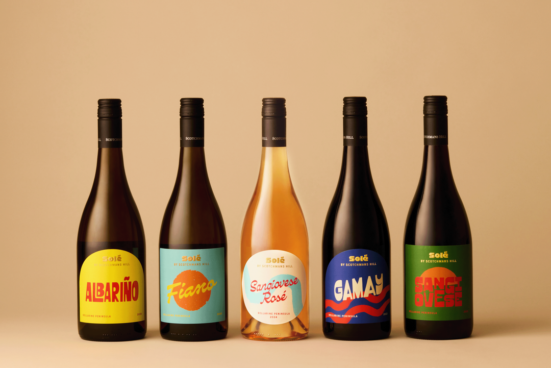 Solé wine range by Scotchmans Hill displayed on a neutral background, featuring Albariño, Fiano, Sangiovese Rosé, Gamay, and Sangiovese bottles from the Bellarine Peninsula.